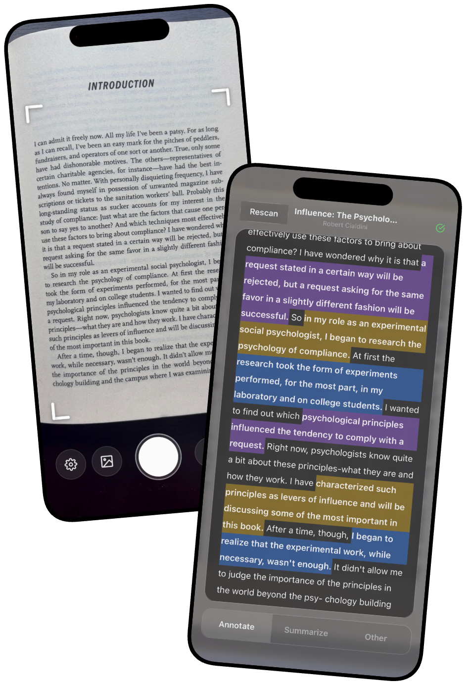 PhotoLang app showing camera scan and annotated page