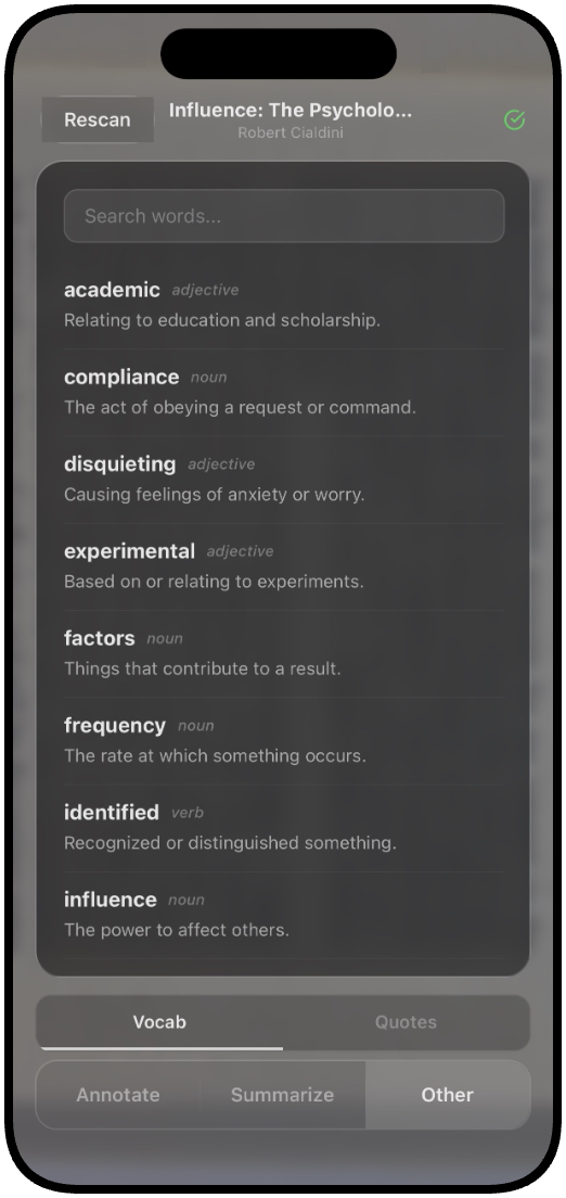 Vocabulary sheet view